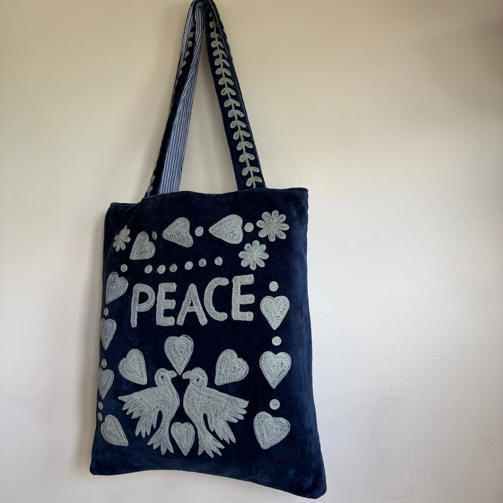 Navy Velvet Tote Bag – Grey Embroidered "LOVE" Folk Hearts & Bird Motif,