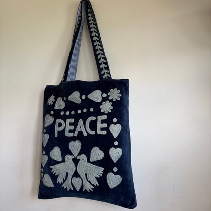Navy Velvet Tote Bag – Grey Embroidered "LOVE" Folk Hearts & Bird Motif,