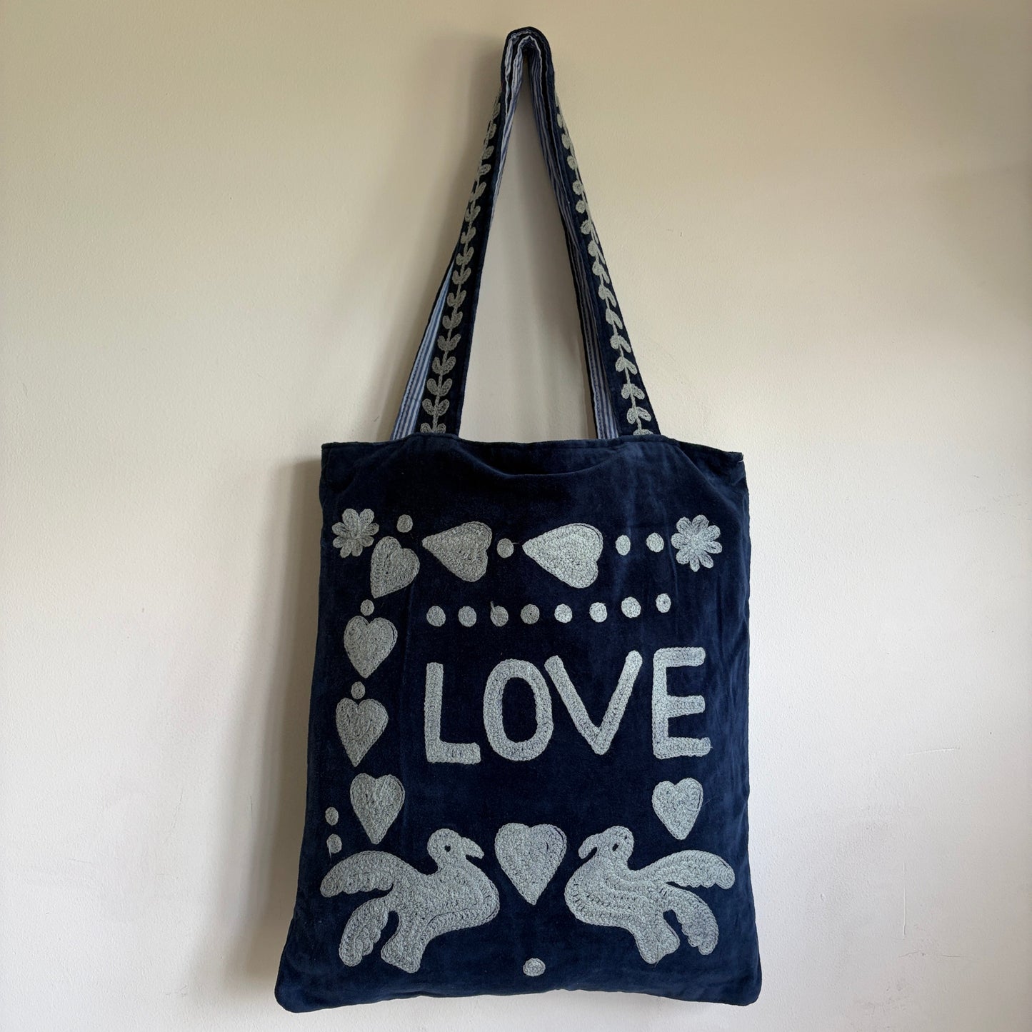 Navy Velvet Tote Bag – Grey Embroidered "LOVE" Folk Hearts & Bird Motif,