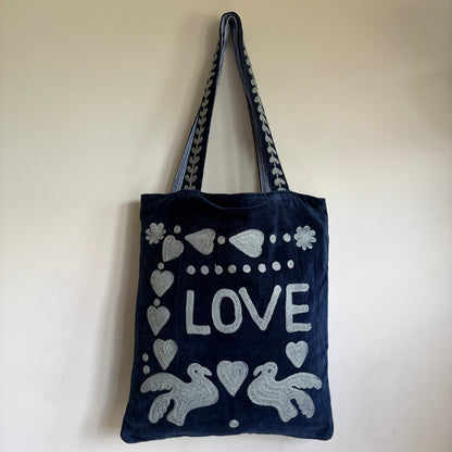Navy Velvet Tote Bag – Grey Embroidered "LOVE" Folk Hearts & Bird Motif,