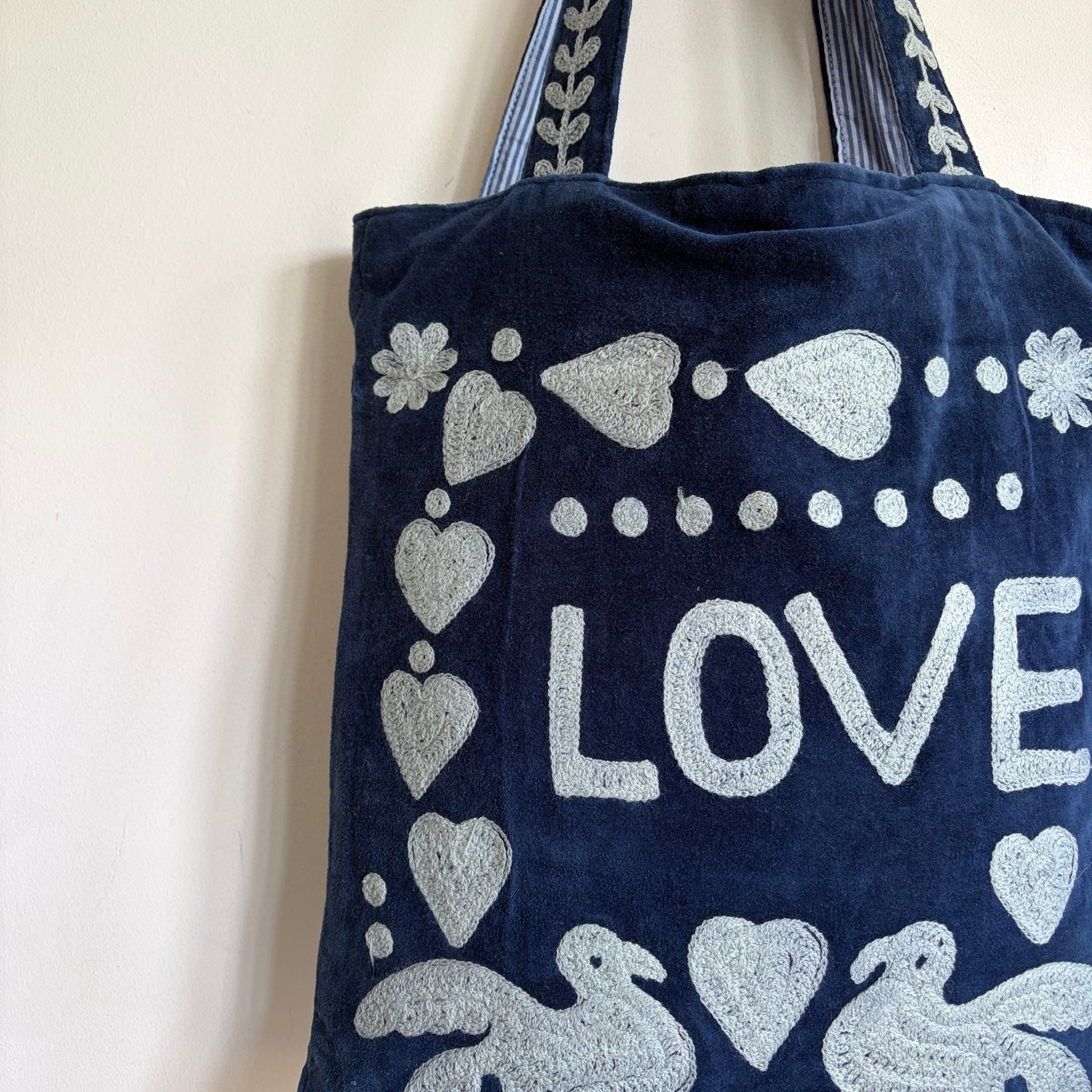 Navy Velvet Tote Bag – Grey Embroidered "LOVE" Folk Hearts & Bird Motif,