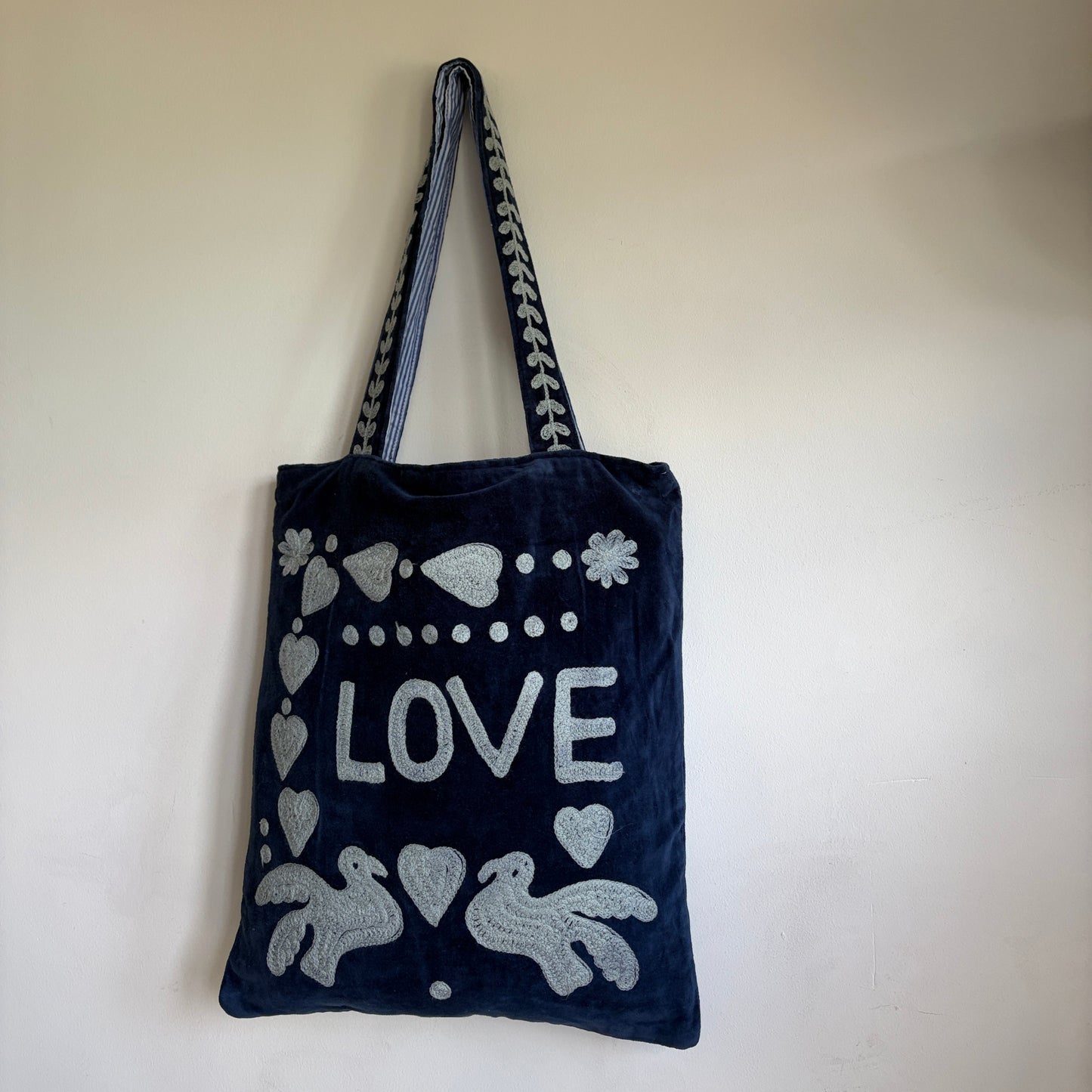 Navy Velvet Tote Bag – Grey Embroidered "LOVE" Folk Hearts & Bird Motif,