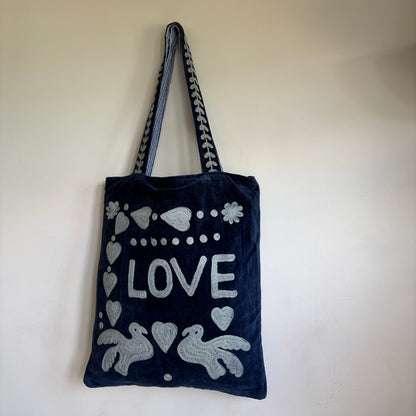 Navy Velvet Tote Bag – Grey Embroidered "LOVE" Folk Hearts & Bird Motif,