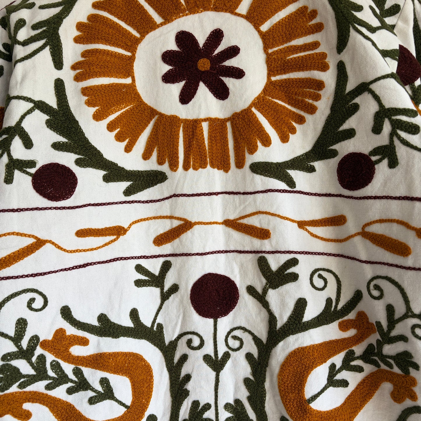 white cotton jacket with a colorful suzani embroidered floral and geometric pattern in brown, orange, and green. 