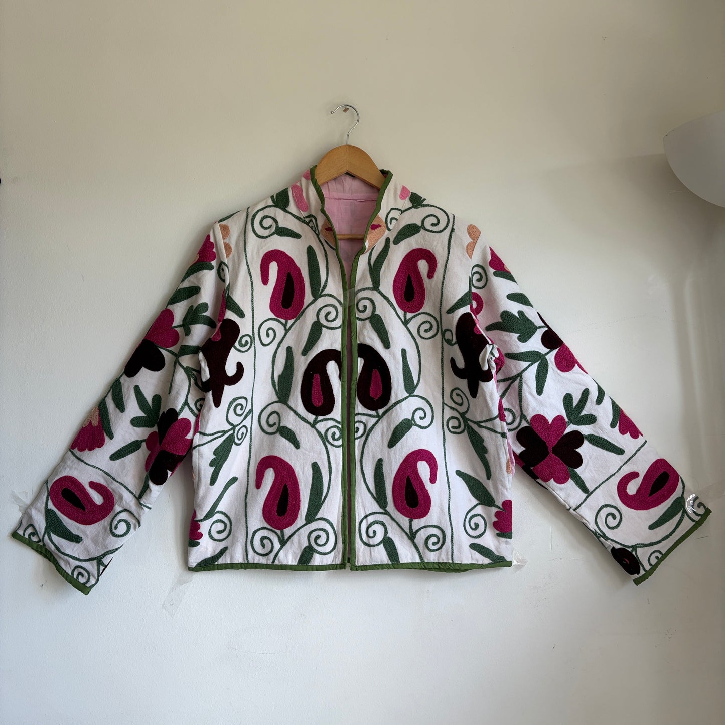 White base colorful Suzani embroidery floral jacket.