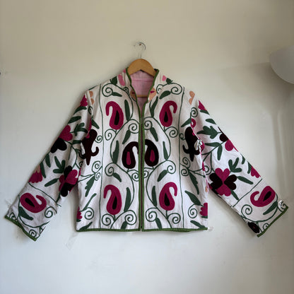 White base colorful Suzani embroidery floral jacket.