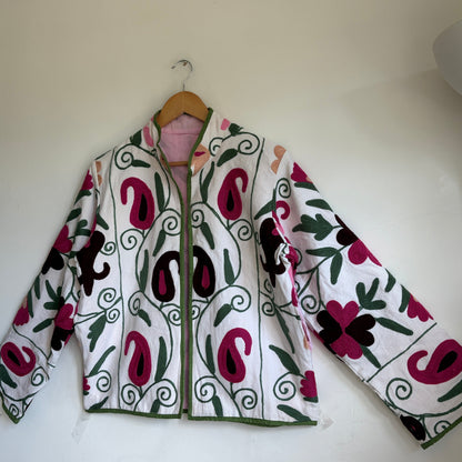 White base colorful Suzani embroidery floral jacket.