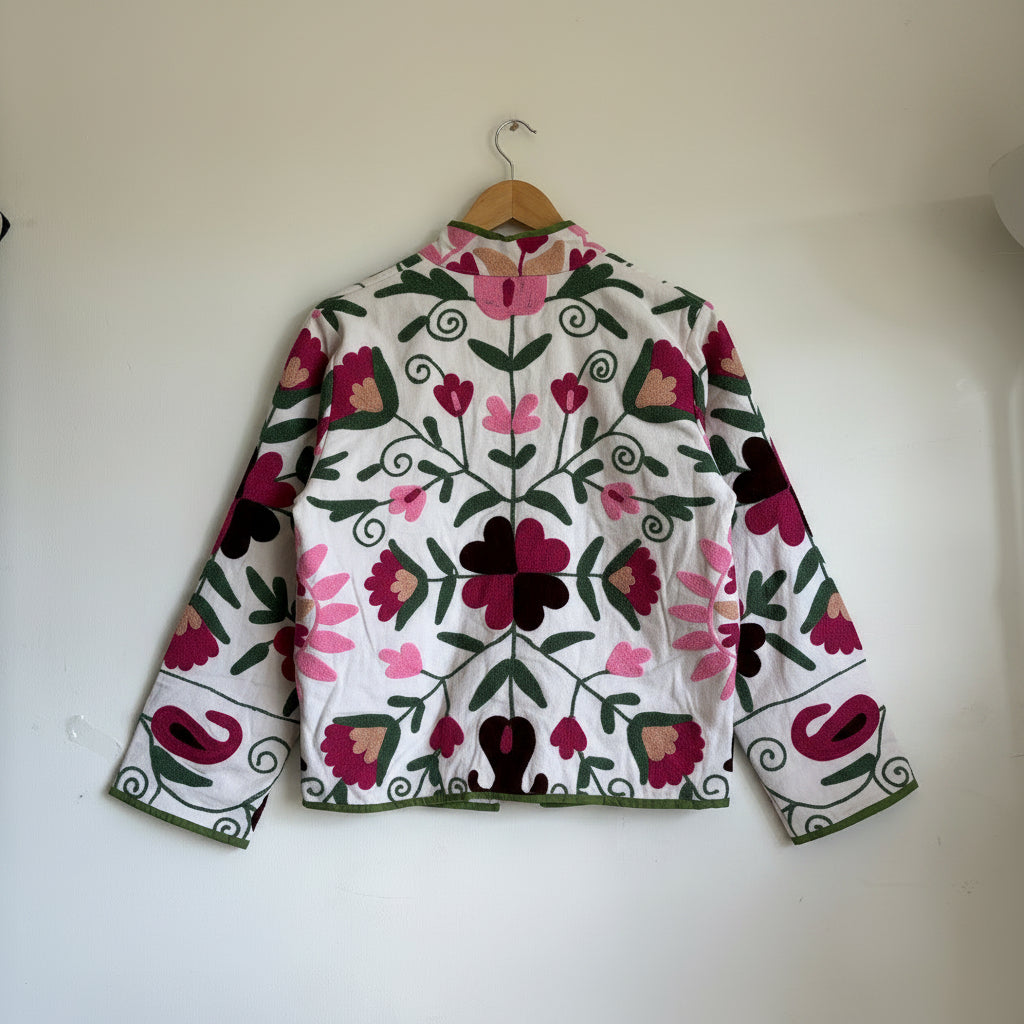 White base colorful Suzani embroidery floral jacket.