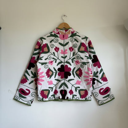 White base colorful Suzani embroidery floral jacket.