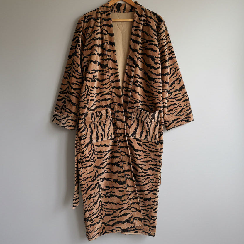 Brown & Black Tiger Print Velvet Kimono Bathrobe