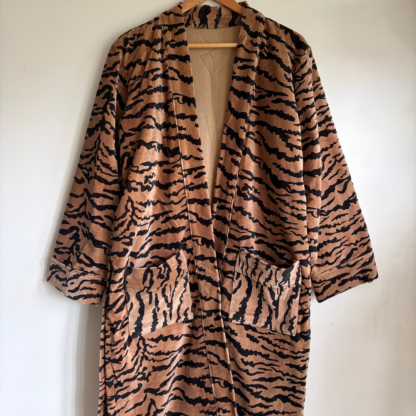 Brown & Black Tiger Print Velvet Kimono Bathrobe