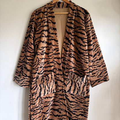 Brown & Black Tiger Print Velvet Kimono Bathrobe