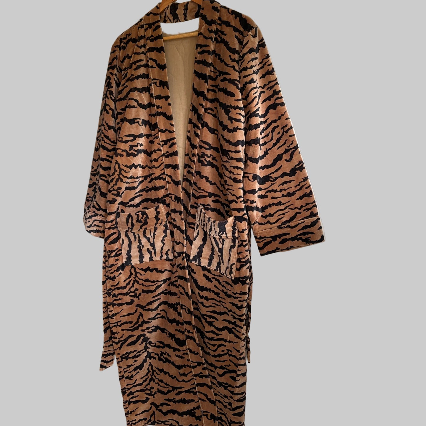 Brown & Black Tiger Print Velvet Kimono Bathrobe