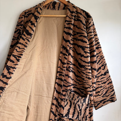 Brown & Black Tiger Print Velvet Kimono Bathrobe