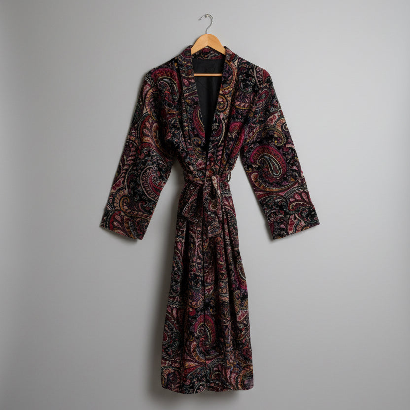 A long-sleeved open-front Velvet bath robe 