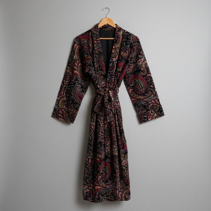 A long-sleeved open-front Velvet bath robe 