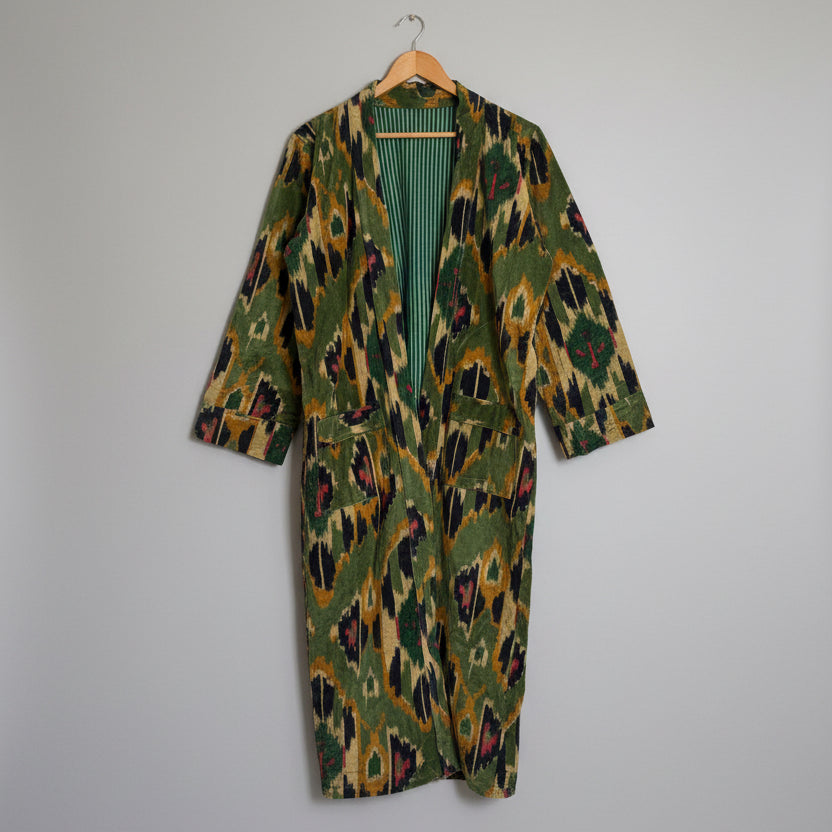 A vintage-style open-front wrap Velvet Bath robe