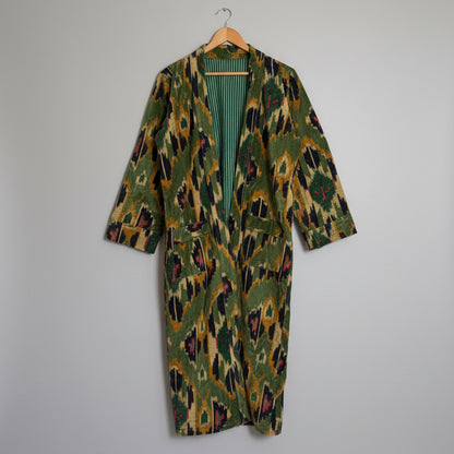 A vintage-style open-front wrap Velvet Bath robe
