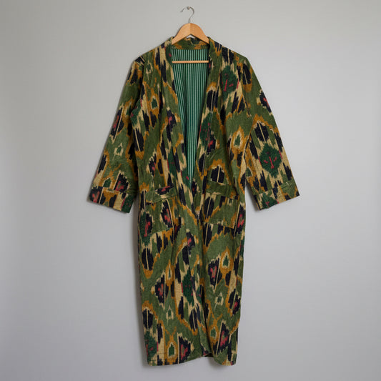 A vintage-style open-front wrap Velvet Bath robe