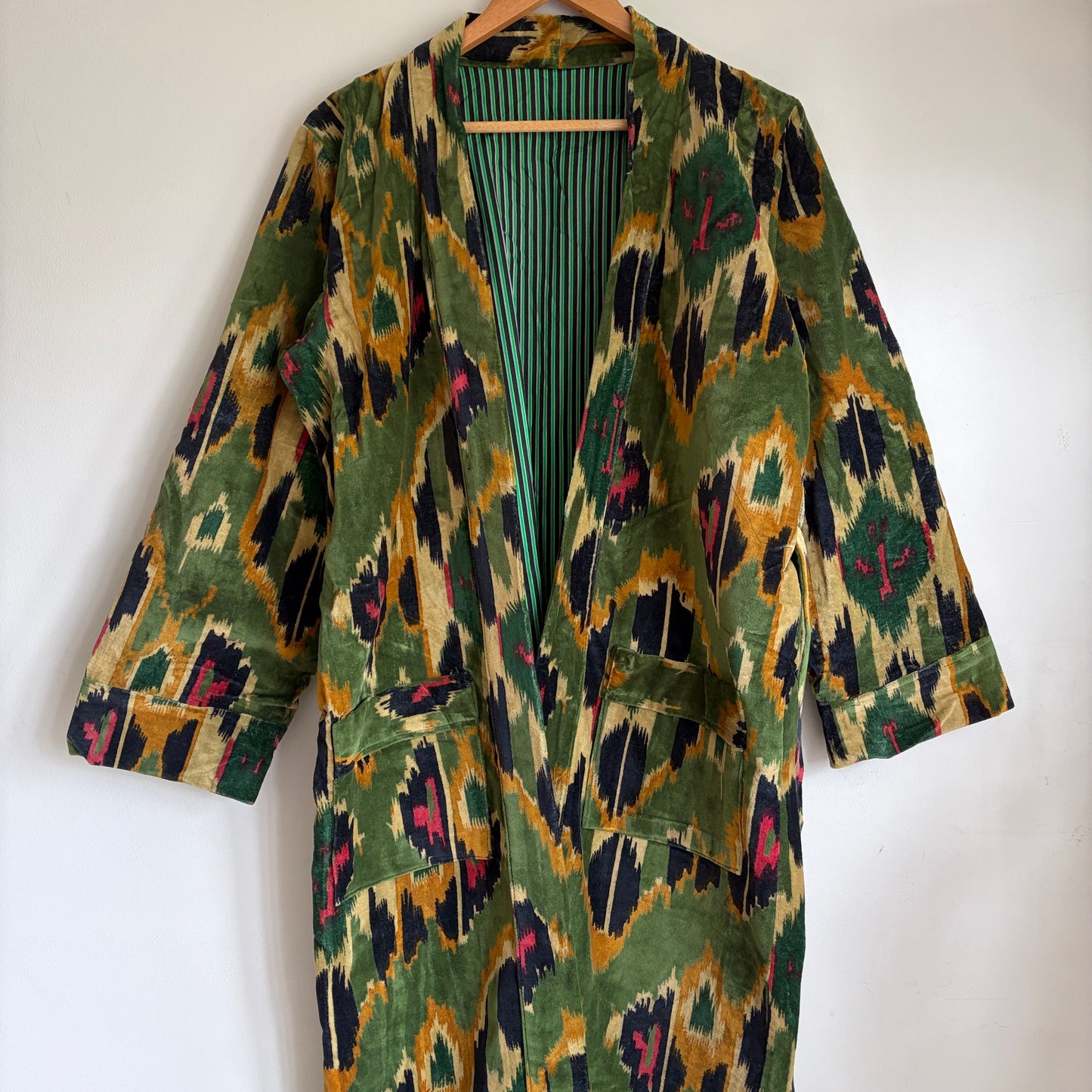 A vintage-style open-front wrap Velvet Bath robe