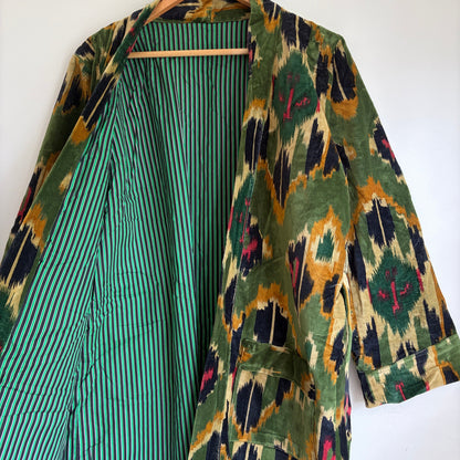 A vintage-style open-front wrap Velvet Bath robe
