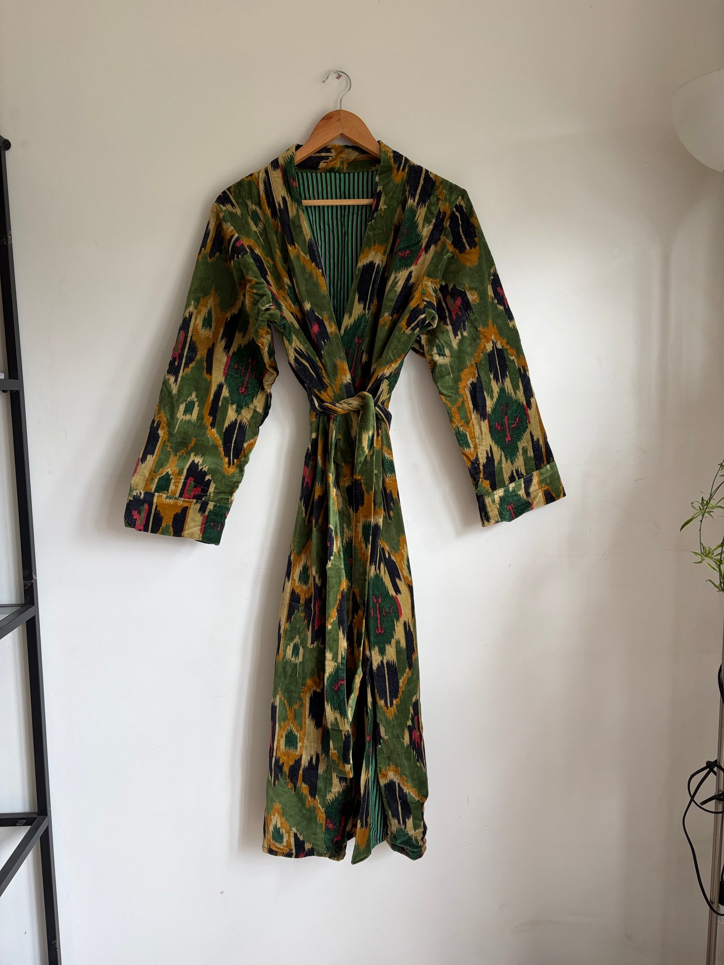 Olive Ikat Print Velvet Robe Coat – Soft Luxury Loungewear