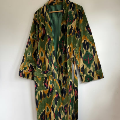 A vintage-style open-front wrap Velvet Bath robe