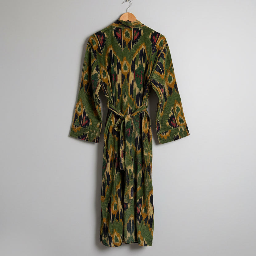 Olive Ikat Print Velvet Robe Coat – Soft Luxury Loungewear