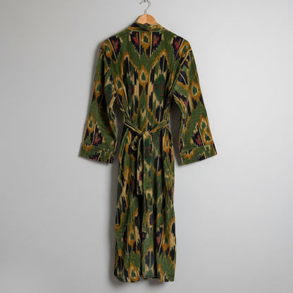 Olive Ikat Print Velvet Robe Coat – Soft Luxury Loungewear