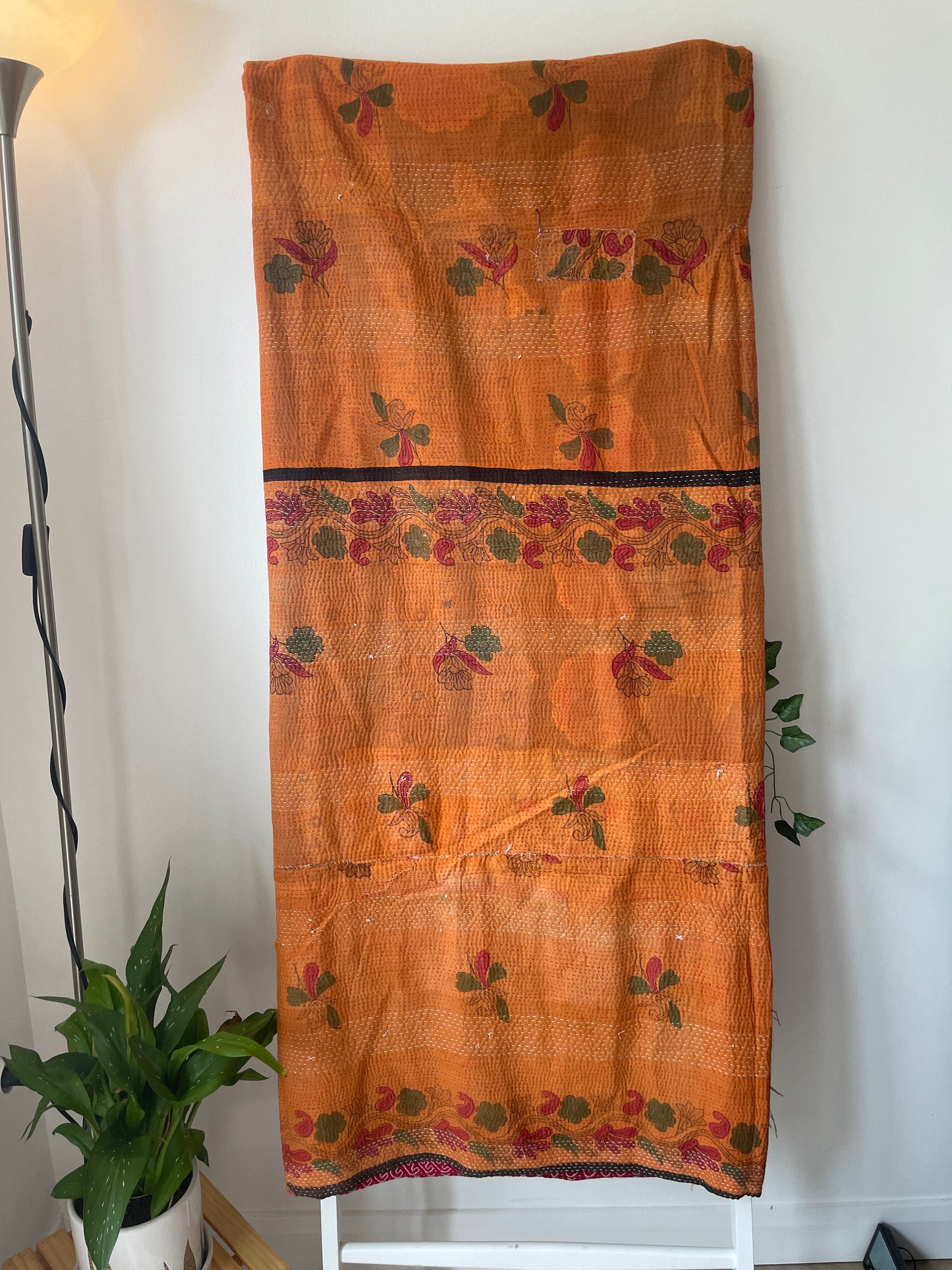kantha embroidery bedcover UK handmade vintage quilt full view