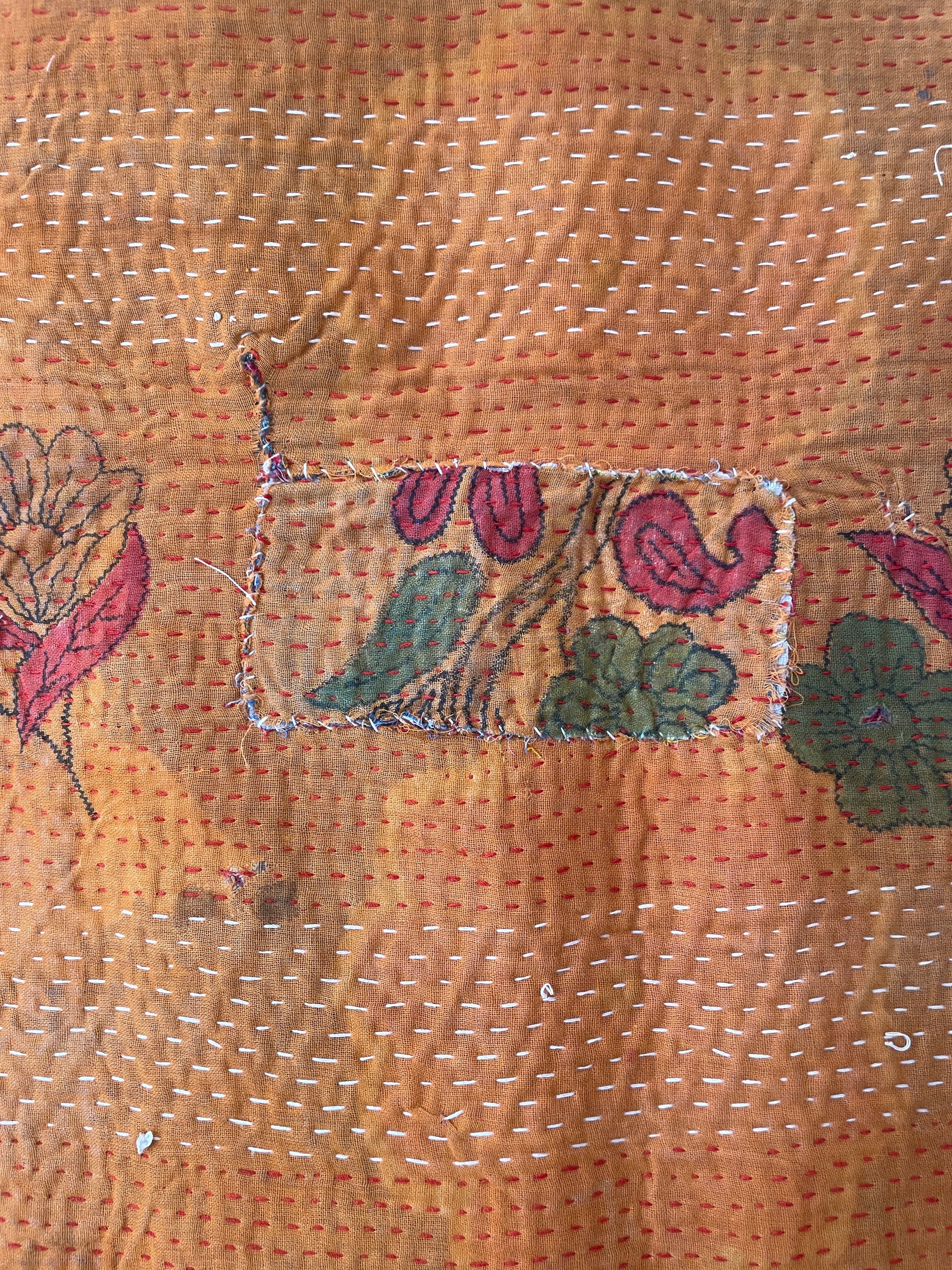 kantha embroidery bedcover UK floral stitched quilt detail