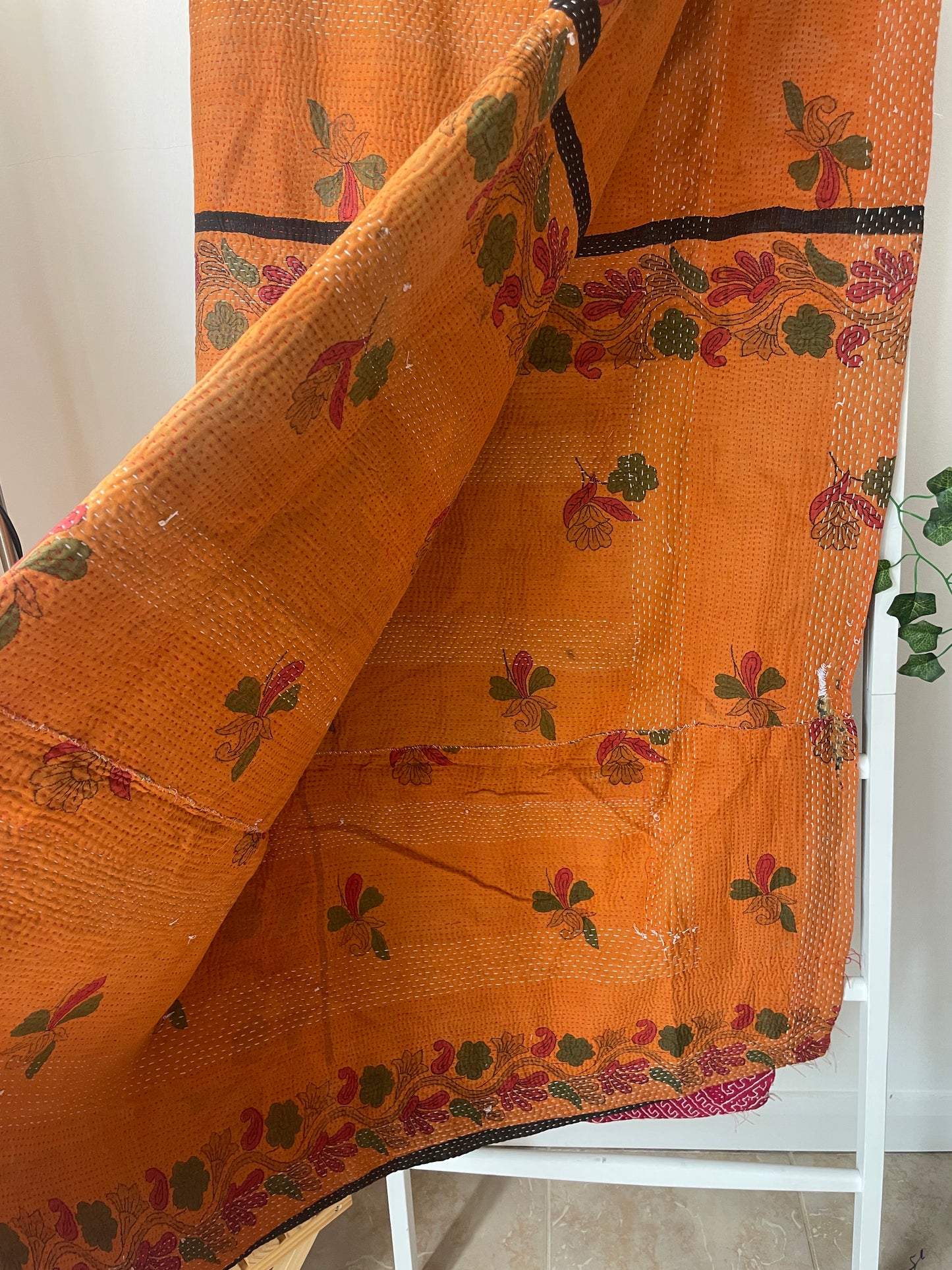 kantha embroidery bedcover UK vintage textile pattern detail
