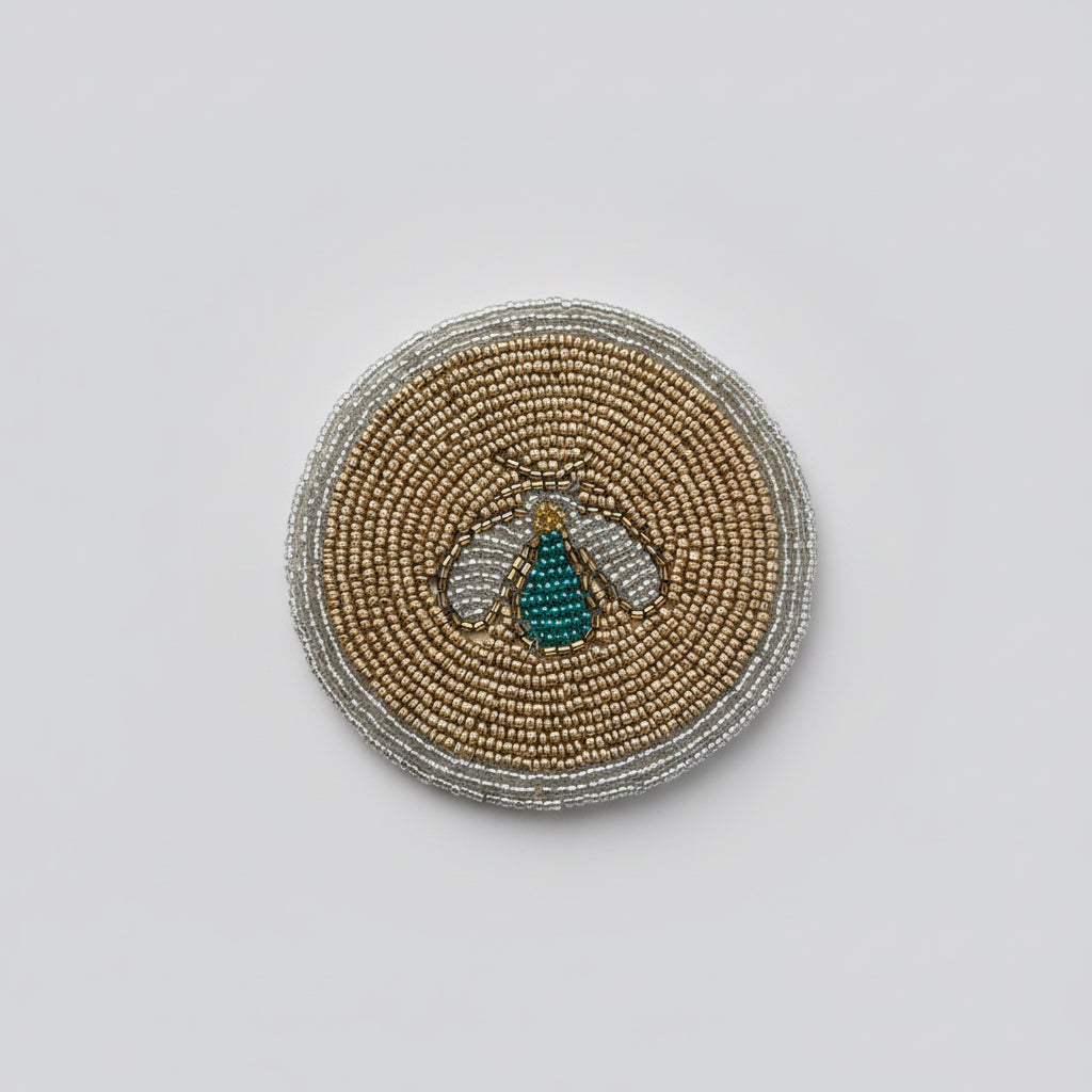Hand-Beaded Bee Coaster – Gold & Teal
