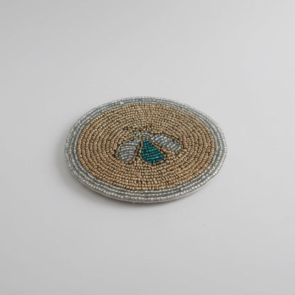 Hand-Beaded Bee Coaster – Gold & Teal