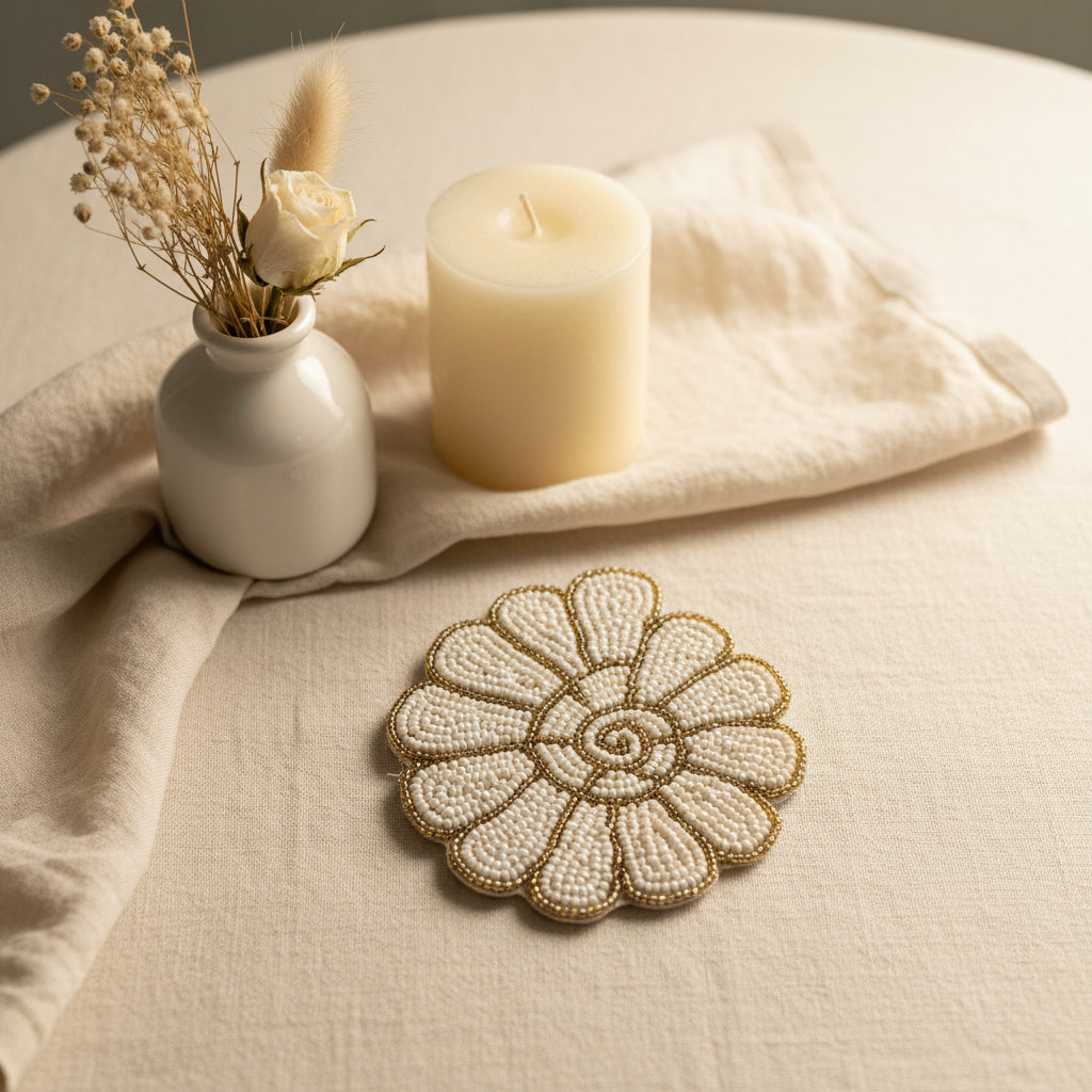 Hand-Beaded White Flower Coaster