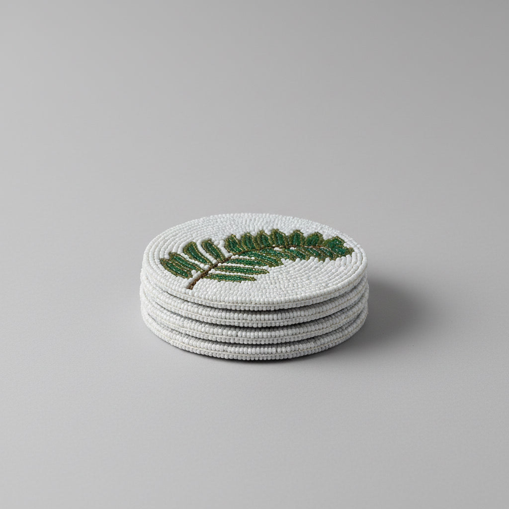 Green Leaf Beaded Coaster – Handmade Botanical Table Décor