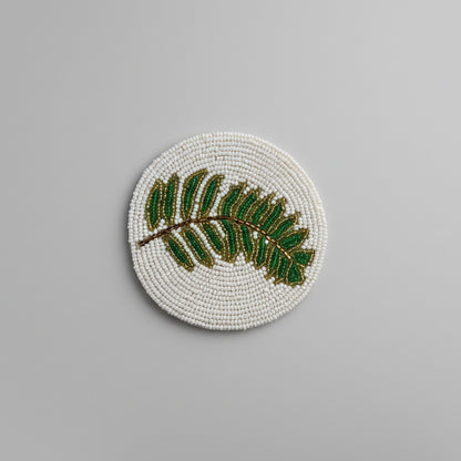 Green Leaf Beaded Coaster – Handmade Botanical Table Décor
