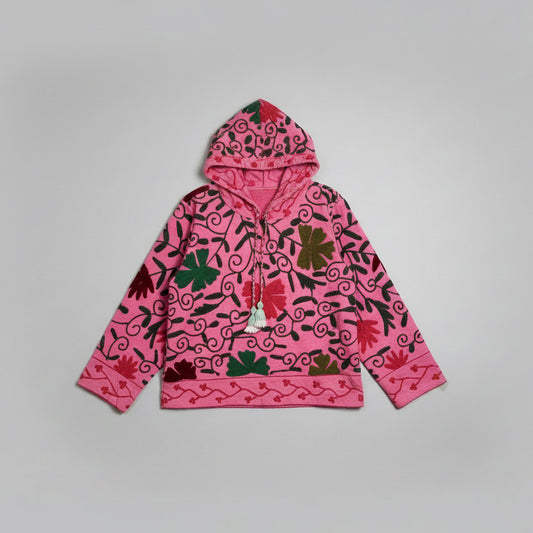 Cotton Suzani Embroidery Hoodie - Pink