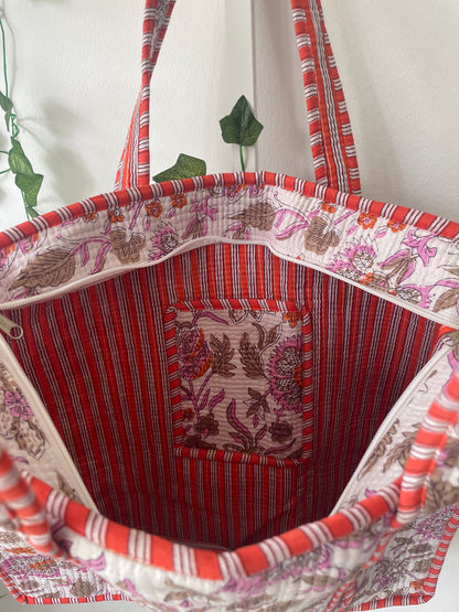Floral patterned fabric with red and purple inside view