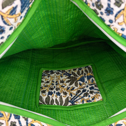 Blue and Green Floral Quilted Cotton Tote Bag