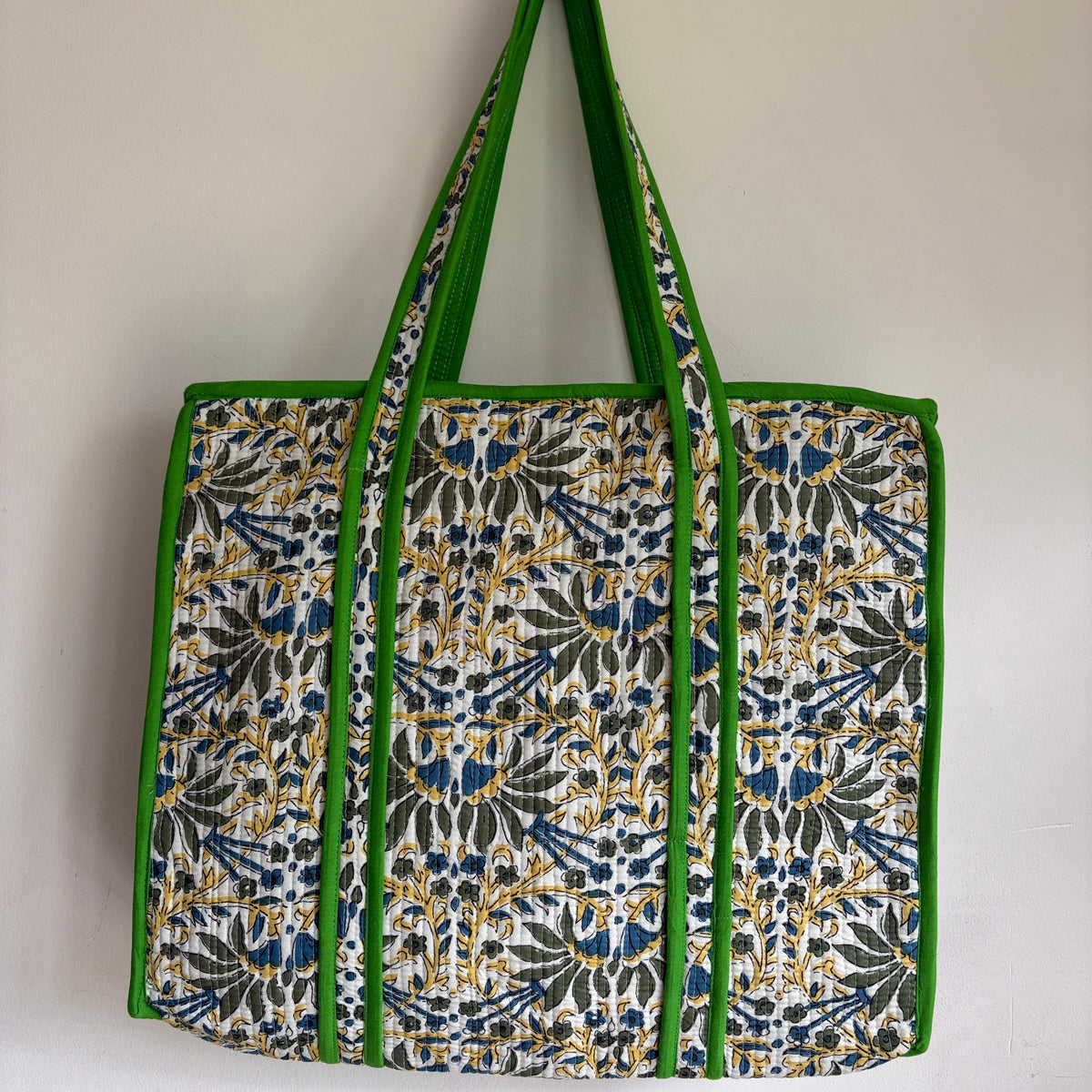 Blue and Green Floral Quilted Cotton Tote Bag