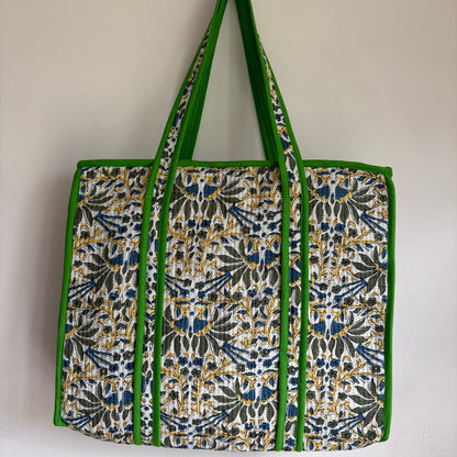 Blue and Green Floral Quilted Cotton Tote Bag
