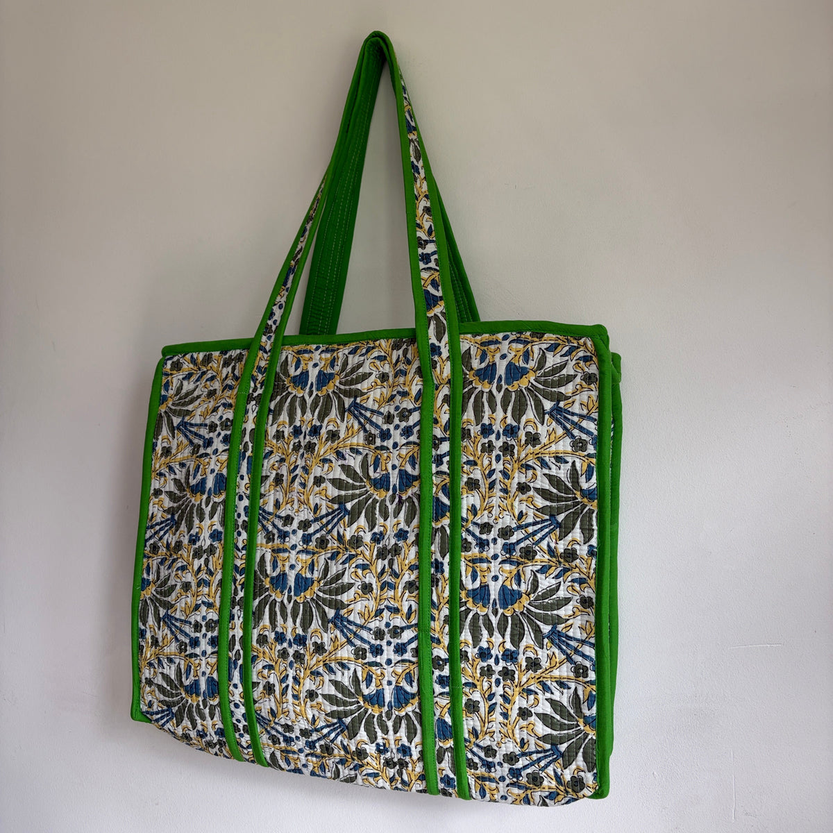 Blue and Green Floral Quilted Cotton Tote Bag