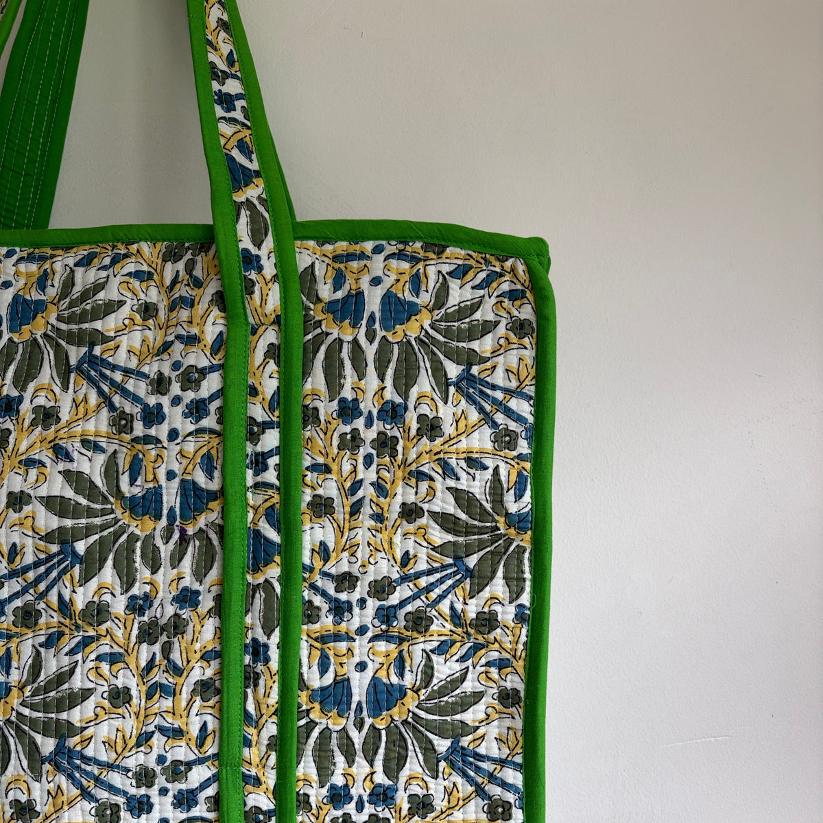 Blue and Green Floral Quilted Cotton Tote Bag