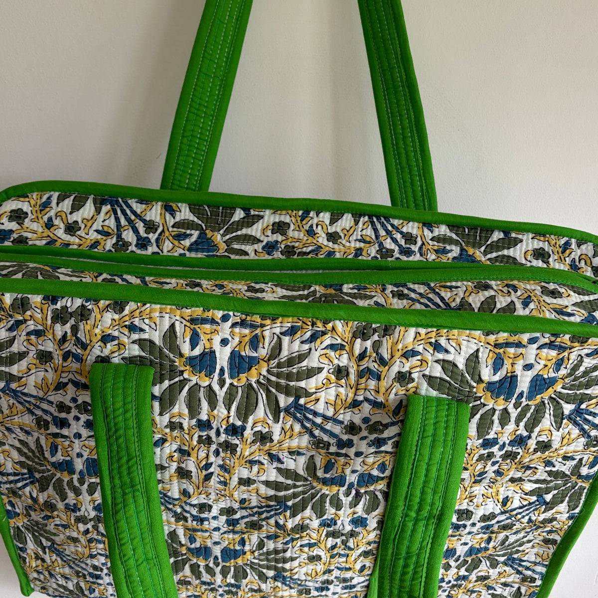 Floral Green cotton quilted tote bag 