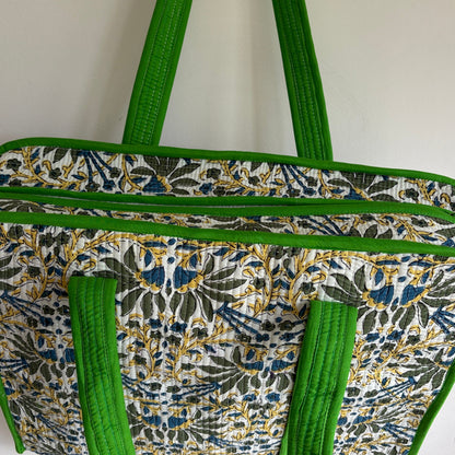 Floral Green cotton quilted tote bag 