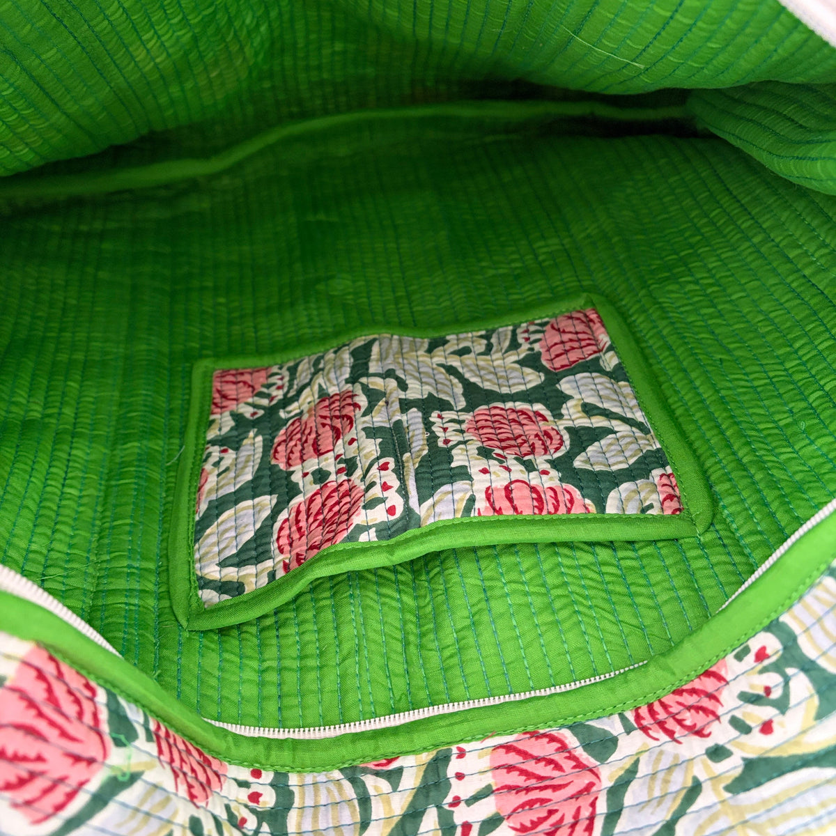 Floral Green cotton quilted tote bag 