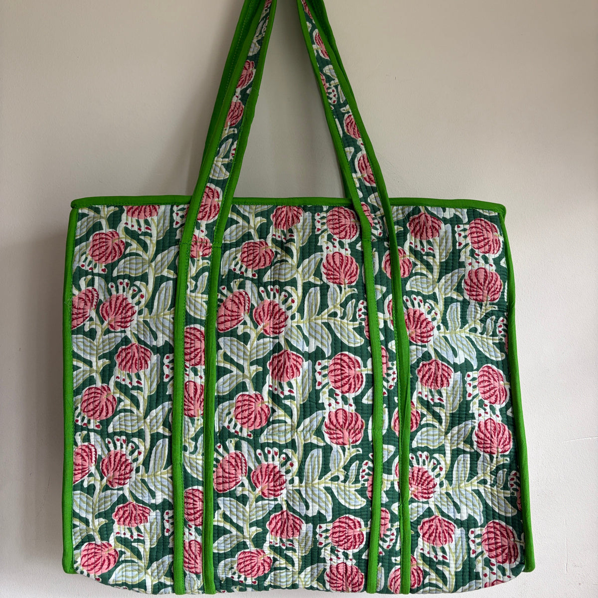Floral Green cotton quilted tote bag 
