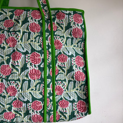 Floral Green cotton quilted tote bag 