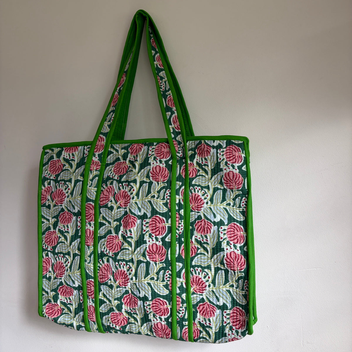 Floral Green cotton quilted tote bag 